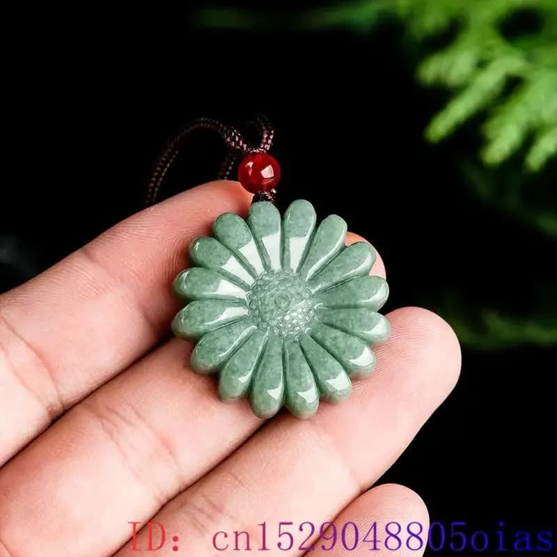 Green Jadeite Sunflower Pendant Necklace Amulet Luxury Accessories Natural Burmese Jade Carved Men Stone Real Jewelry Choker