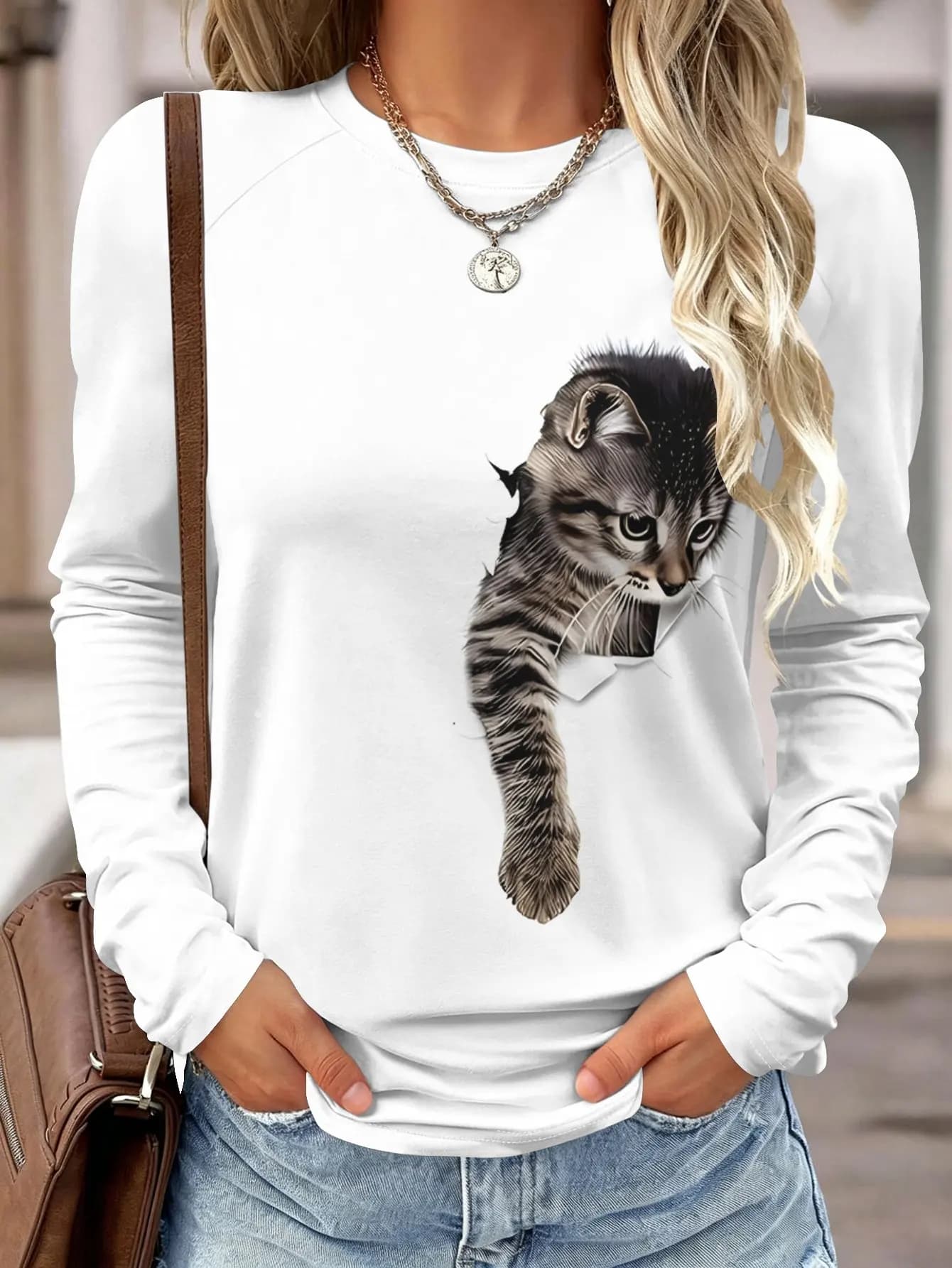 Women Long Sleeve Shirt Pocket Cat 3D Effect Print Round Neck Raglan Casual Fall Tops Women's Clothes