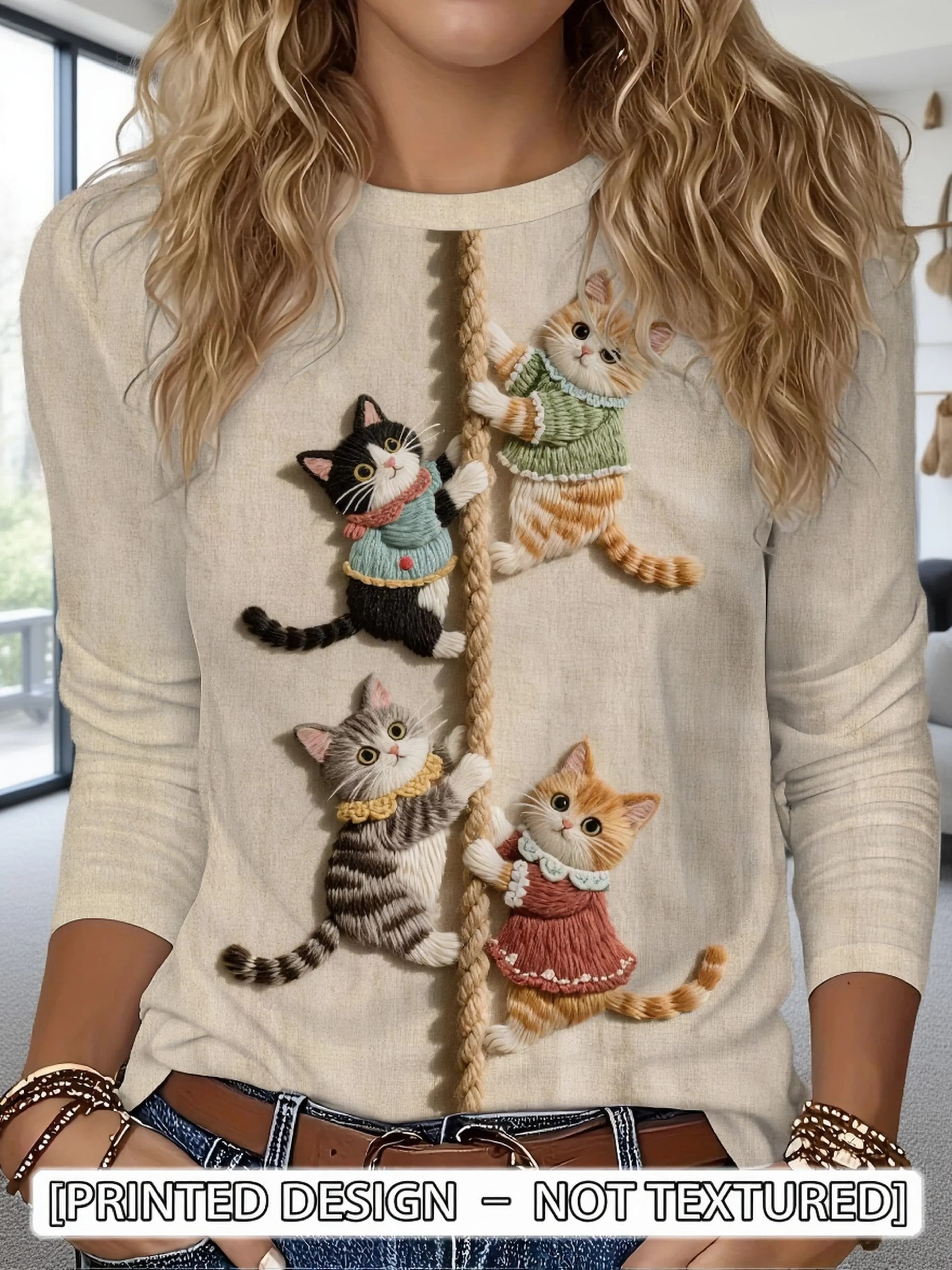 Women Crew Neck Long Sleeve T‑Shirt Cute Kitten Cat Climbing Rope Faux Embroidery Print Casual Loose Fit Ladies Daily Tops