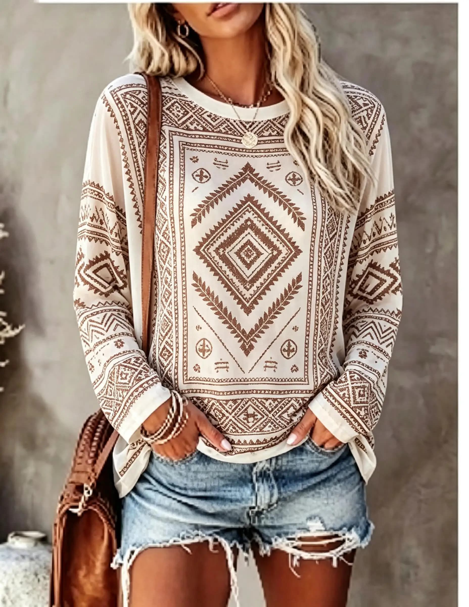 Women Long Sleeve T Shirt Boho Tribal Aztec Geometric Diamond Print Crew Neck Casual Fall Tops