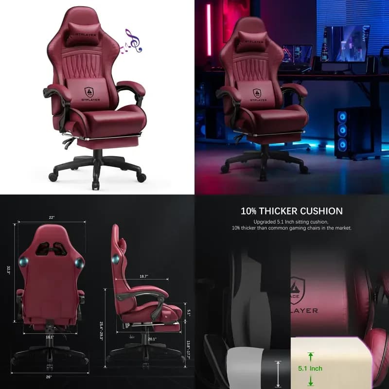 GTPLAYER Gaming Chair with Speakers, Ergonomic Faux Leather Recliner with Footrest, Adjustable Swivel PC Chair