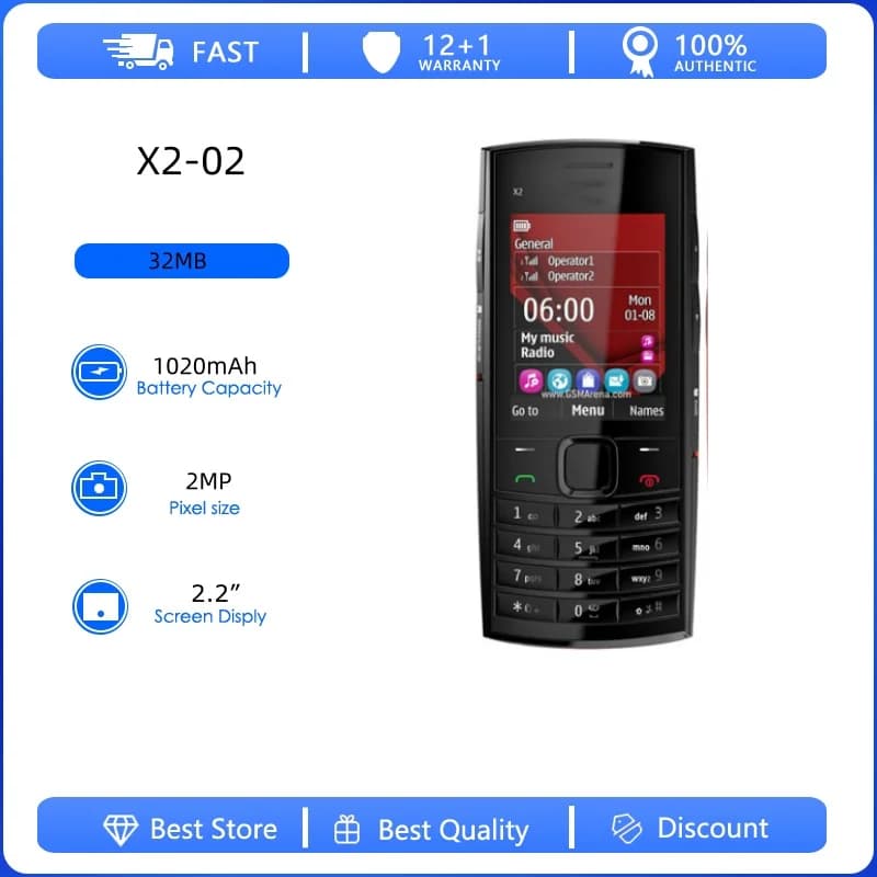 Unlocked Refurbished Original X2-02 2G Dual Sim 2MP 1020mAh Mobile Phone Russian Arabic Hebrew Keyboard Made in Finland