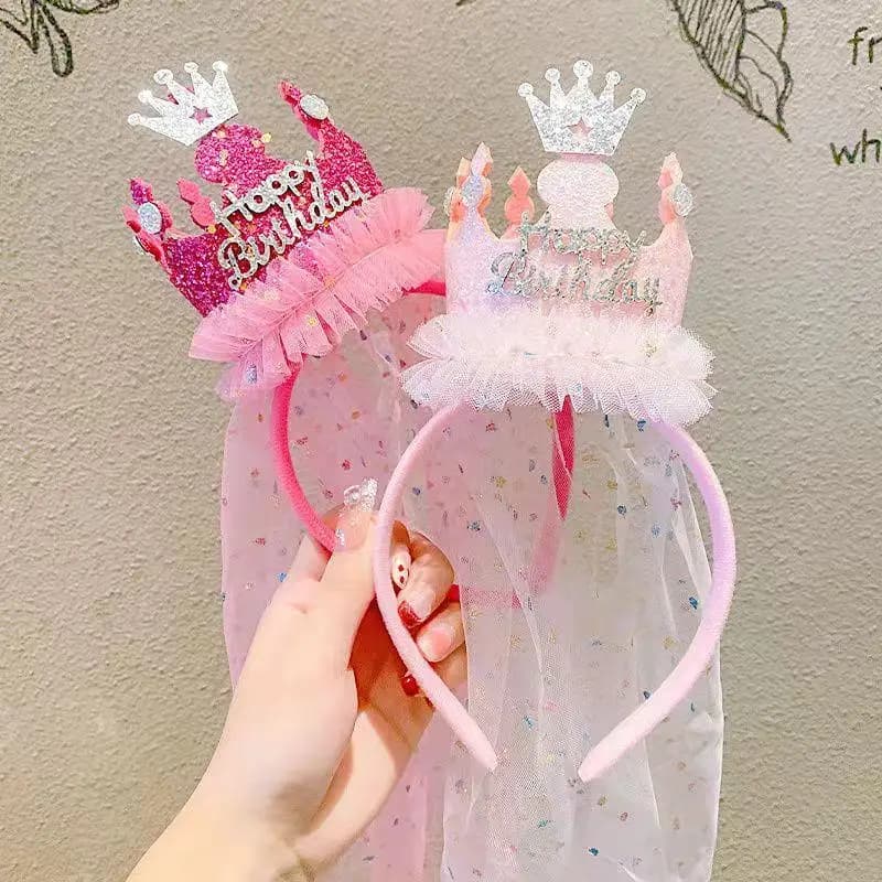 Happy Birthday Crown Headband With Long Sparkly Veil Princess Tiara For Girls Kids Birthday Party Photography