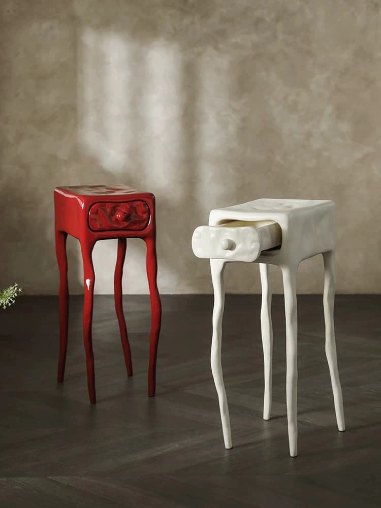 European Designer Mid-Century Clay Textured Side Table with Drawer Creative Irregular Decor Cabinet Dining Room Home Furniture