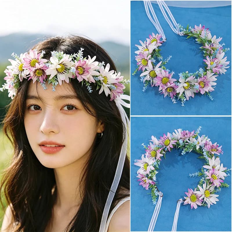 Floral Contrast Color Headband for Women Girls Fresh Forest Style Hair Hoop Outdoor Photography Vacation Photo
