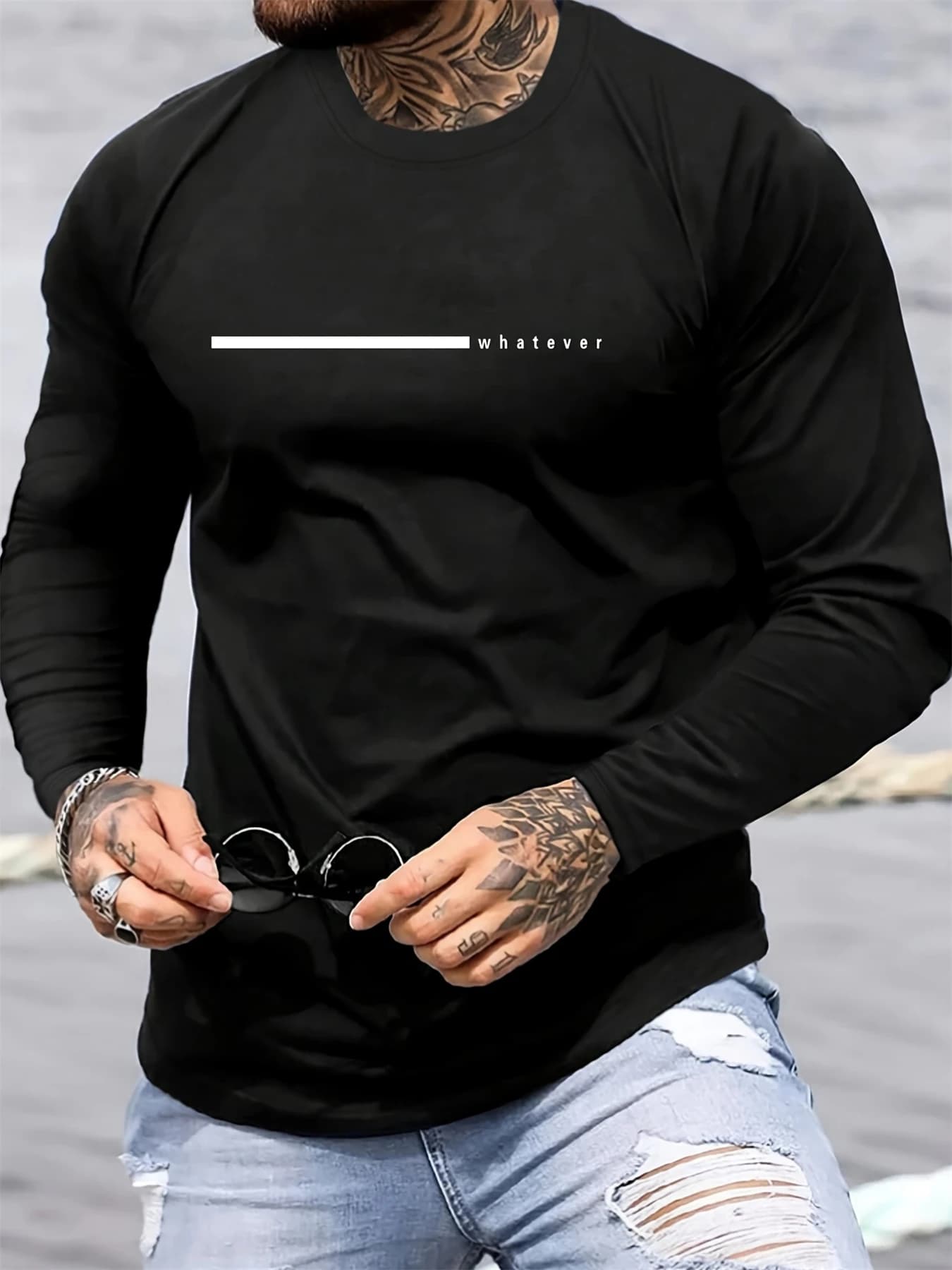 100% Pure Cotton Men's Long Sleeved Round Neck Loose Casual Whatever Letter Printed Spring and Autumn Versatile T-Shirt Top