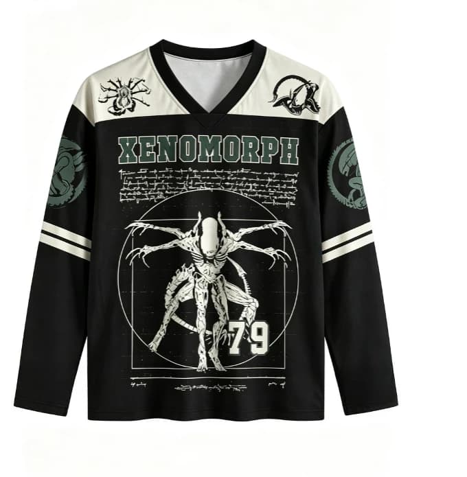 Unisex Vintage Xenomorph V Neck Long Sleeve Mesh Shirt Retro Sci-fi Monster Print Streetwear Tops for Men Women
