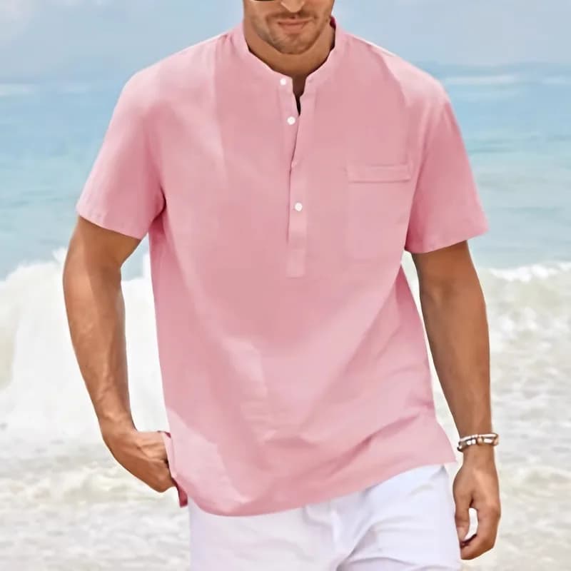 Men Solid Stand Collar Half Button Short Sleeve Henley Shirt Chest Pocket Loose Linen Blend Casual Summer Tops