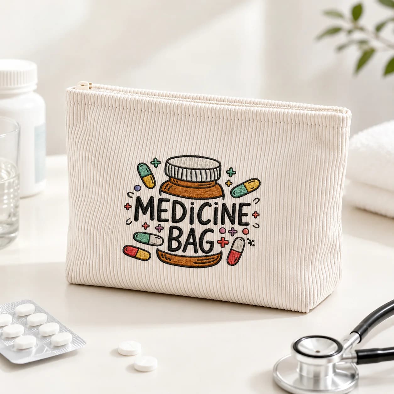 Printing Medicine Bag Soft Corduroy First Aid Pouch for Home Travel Family Medication Organizer Medical Storage Zipper Case