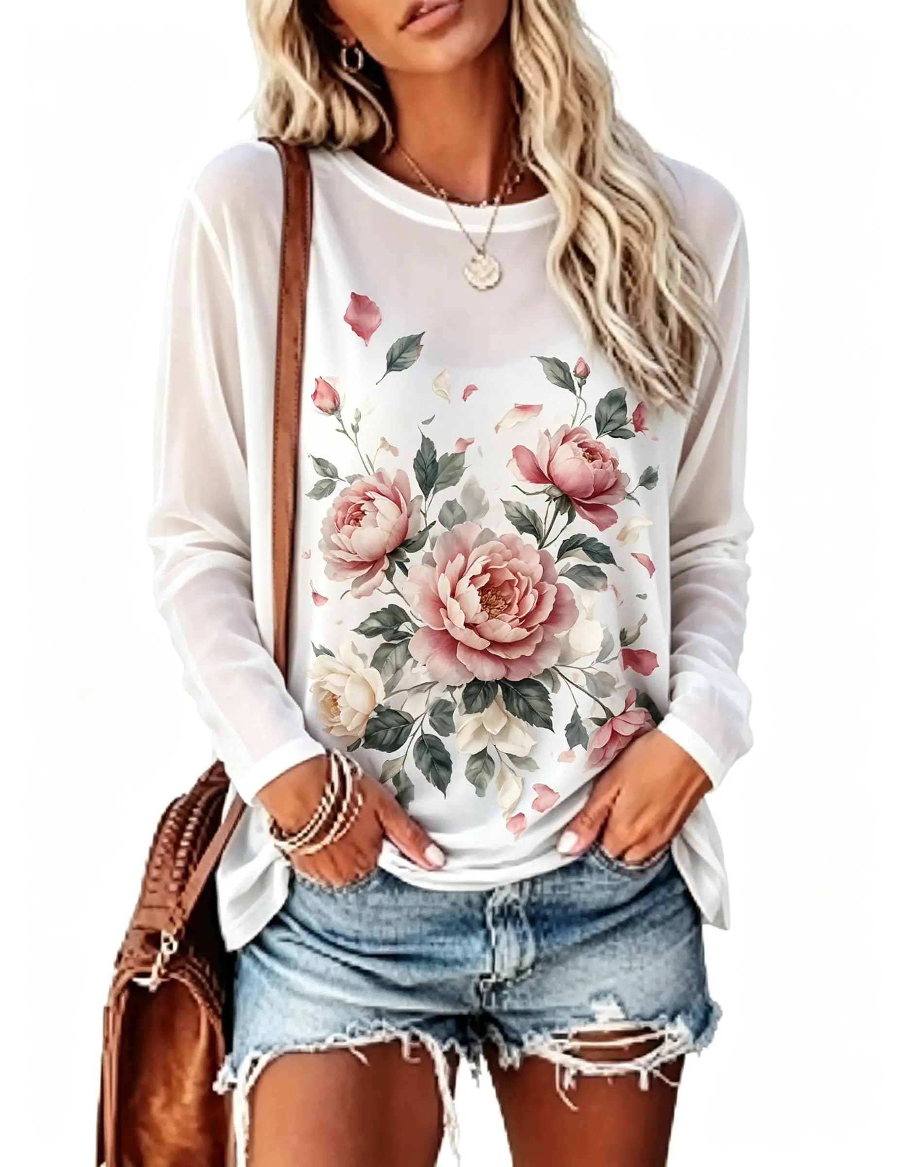 Women Long Sleeve T‑Shirt Vintage Pink Rose Flower Bouquet Floral Print Crew Neck Casual Tops