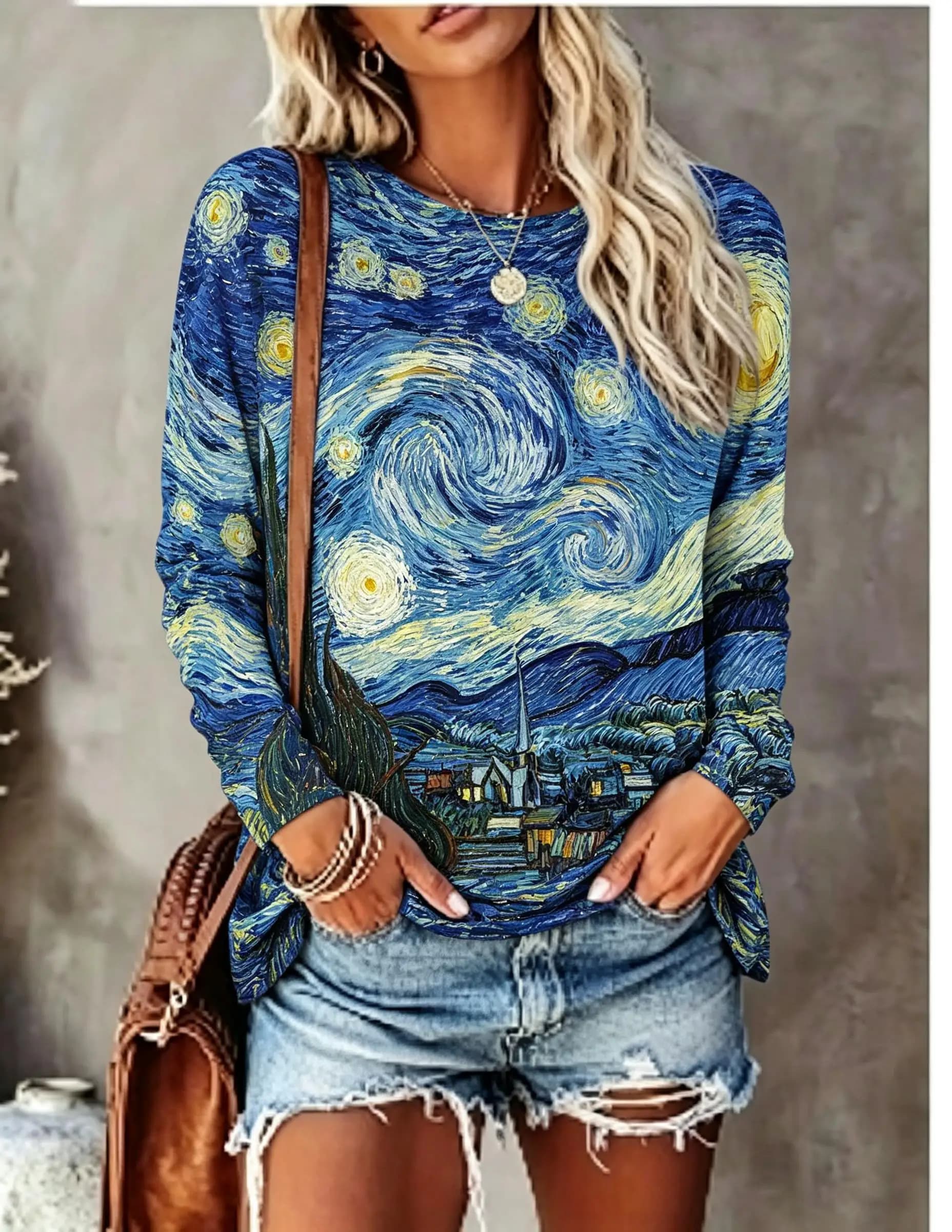 Women Long Sleeve T Shirt Van Gogh Starry Night Oil Painting Art Print Crew Neck Casual Fall Tops