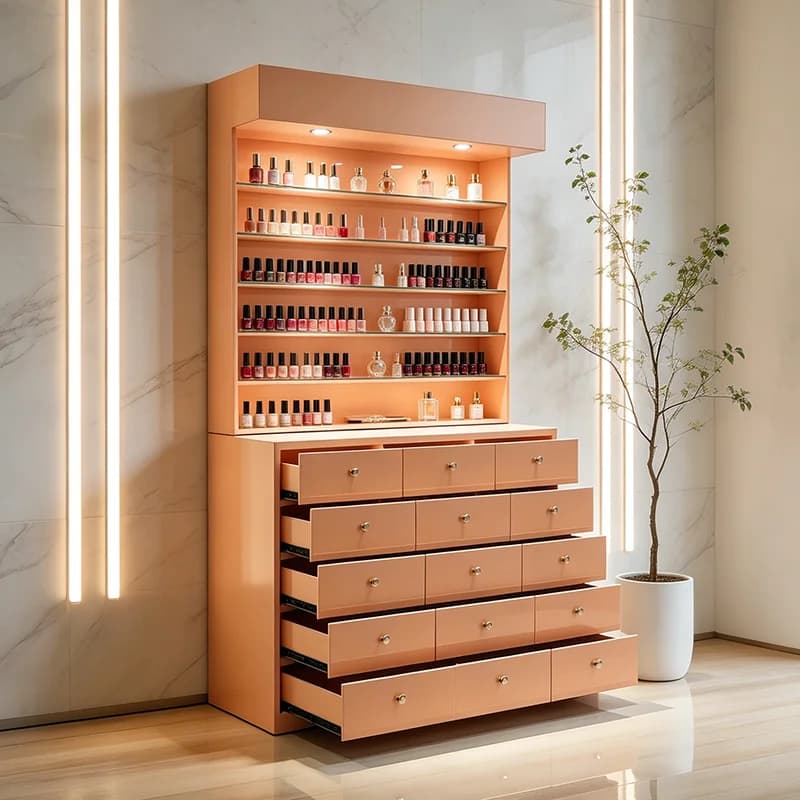 Beauty Shop Furniture Orange Wood Display Cabinet Modern Luxury Nail Polish Rack Salon Shelves With Storage Drawers And Lights