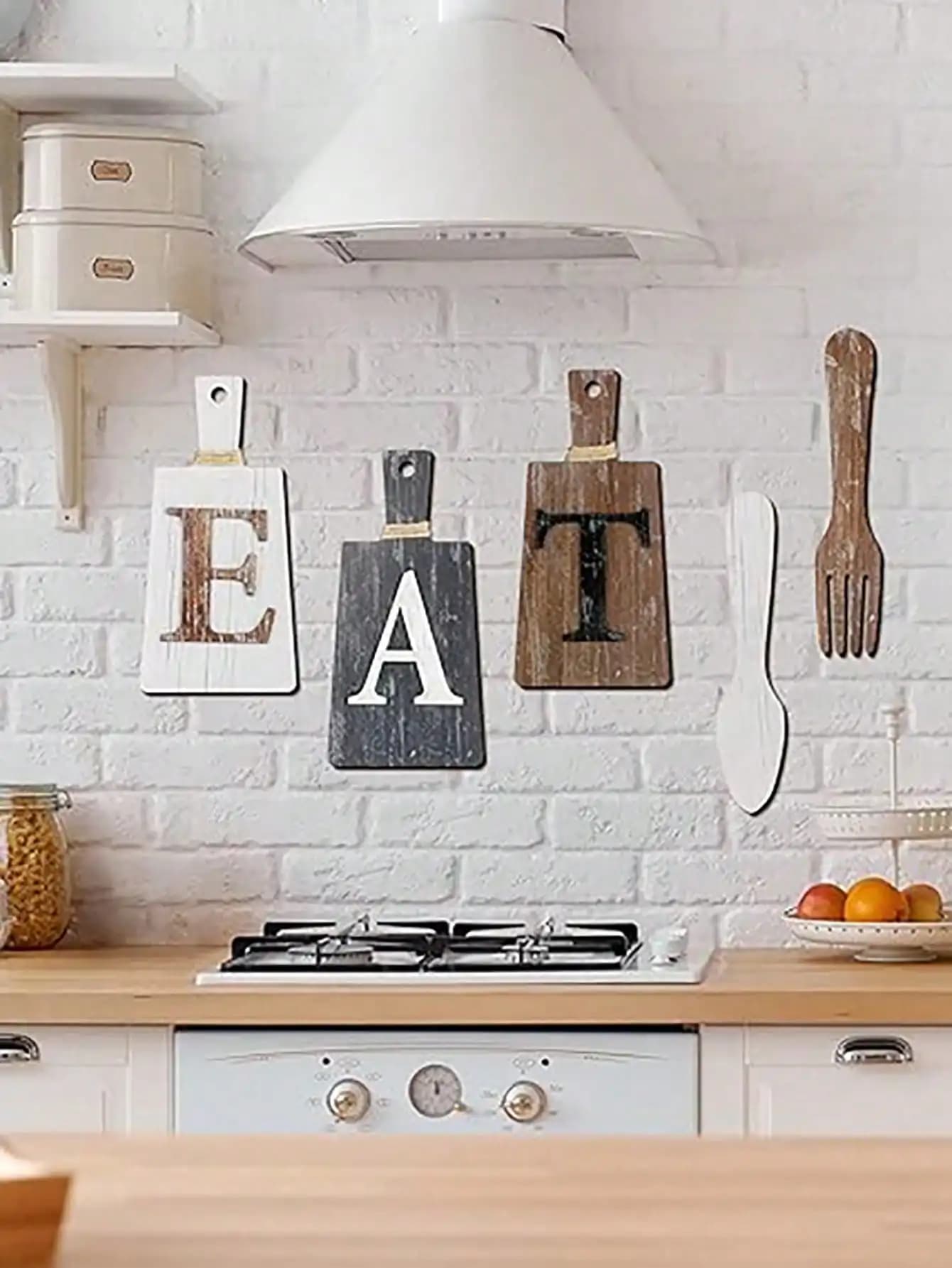 5-piece/ set cutting board with logo set, hanging art fork and spoon, rustic farmhouse wall decor for kitchen and home