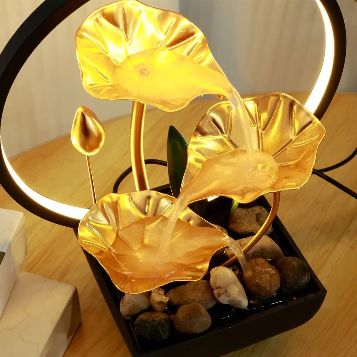 【~ New FDDT】Tabletop Water Fountain USB Powered Relaxation Desktop Waterfall Fountain with Natural Rocks and LED Ring Lights