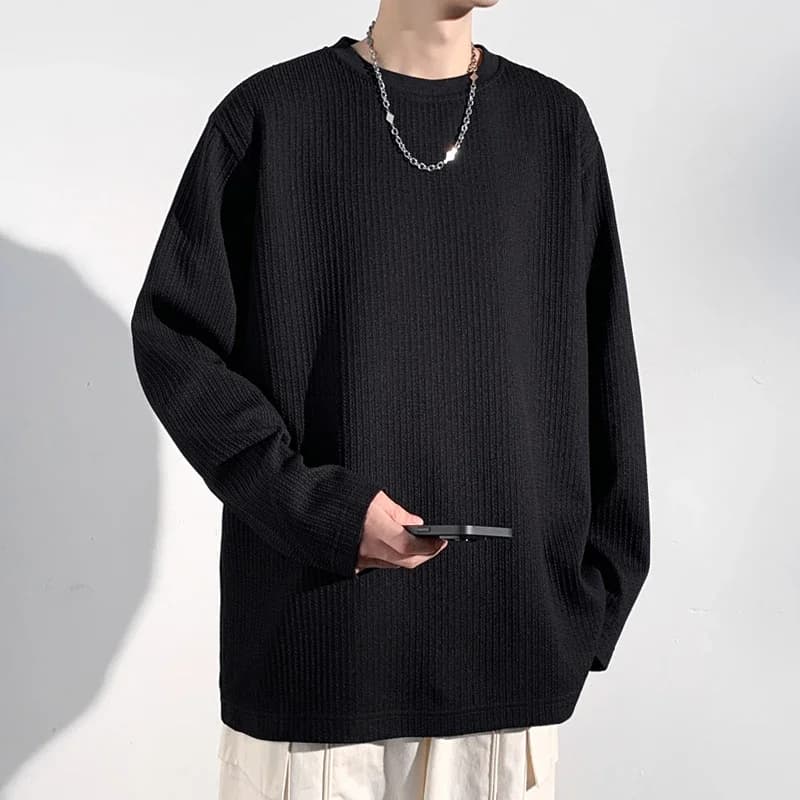 Men Ribbed Knit Crew Neck Long Sleeve T Shirt Solid Color Loose Cut Soft Casual Basic Tops Streetwear Daily Outfit