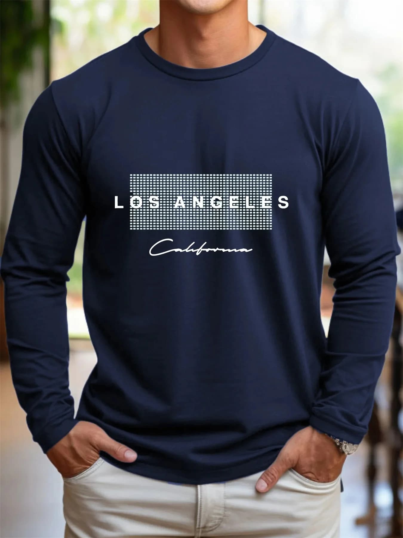 100% Pure Cotton Men's Long Sleeved Round Neck Loose Casual Los Angeles Letter Printed Spring and Autumn Versatile T-Shirt Top