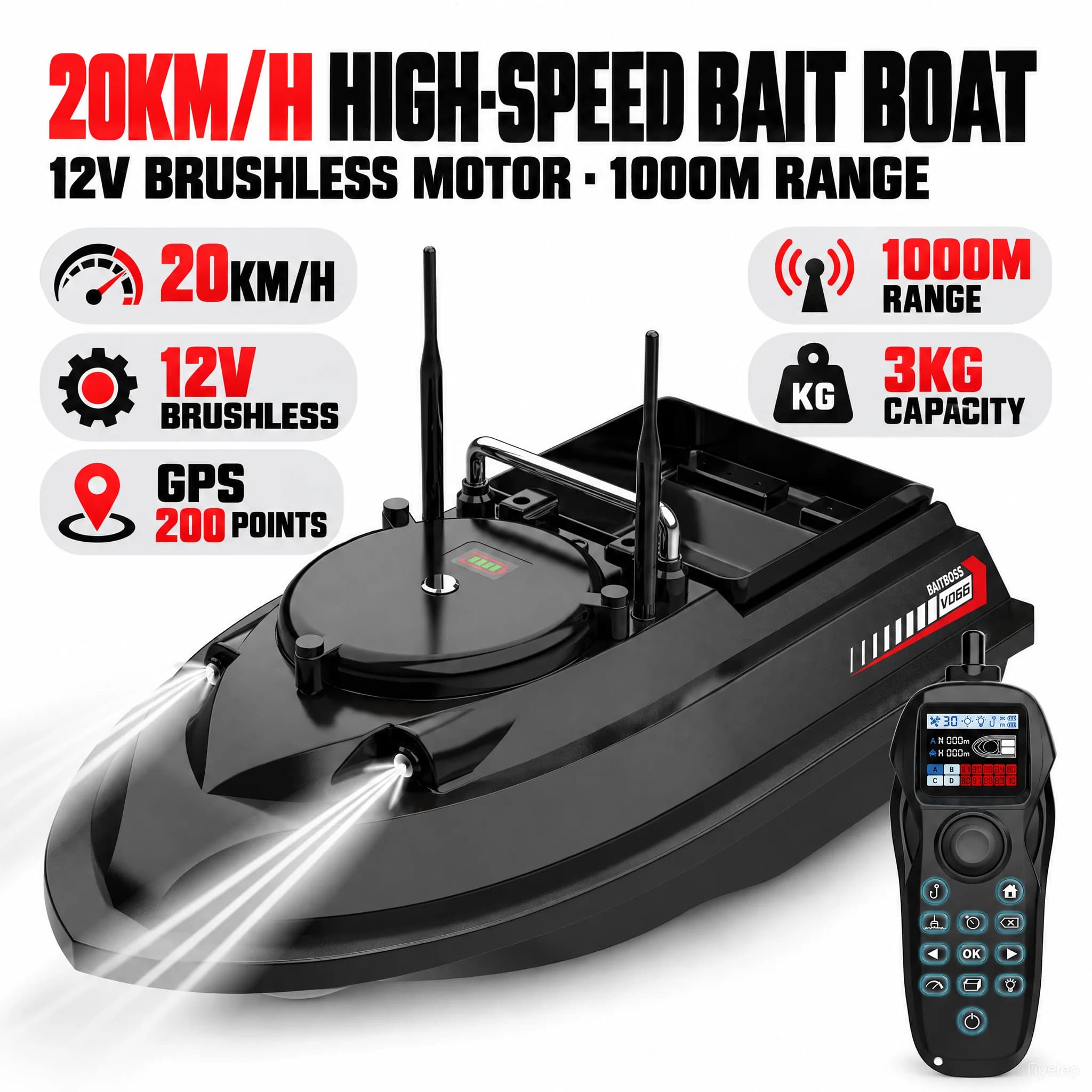 V066 GPS Fishing Bait Boat 1000M remote control 12V motor 20KM/H 200 Fishing Spots Load 3KG Dual Antenna Automatic Cruise Return