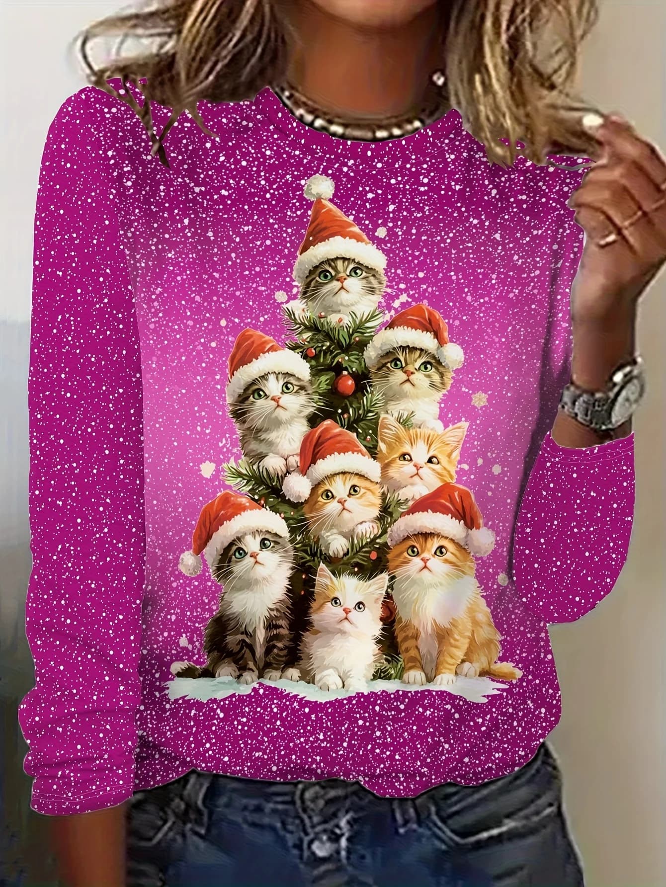 Women Round Neck Long Sleeve T‑Shirt Cute Cats Santa Hat Christmas Tree Shape Print Holiday Casual Party Top Women's Clothes