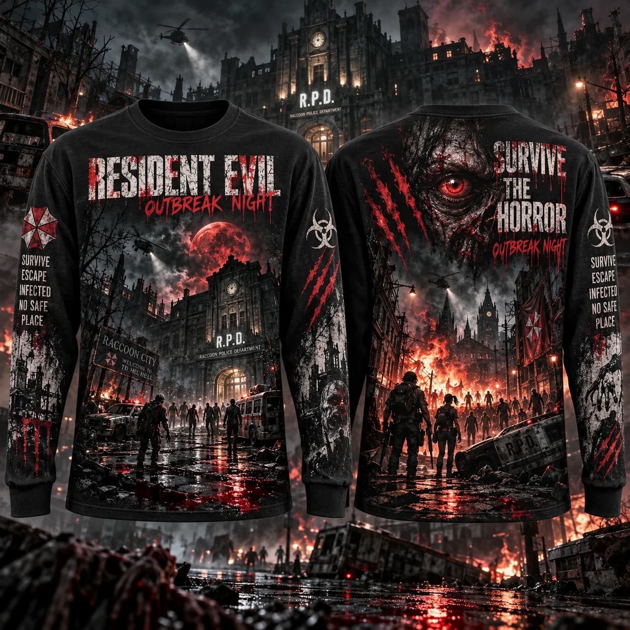 Resident Evil Long Sleeve T Shirt Survive The Outbreak Zombie Horror Game All Over Print Tee Men Women Halloween Streetwear Tops