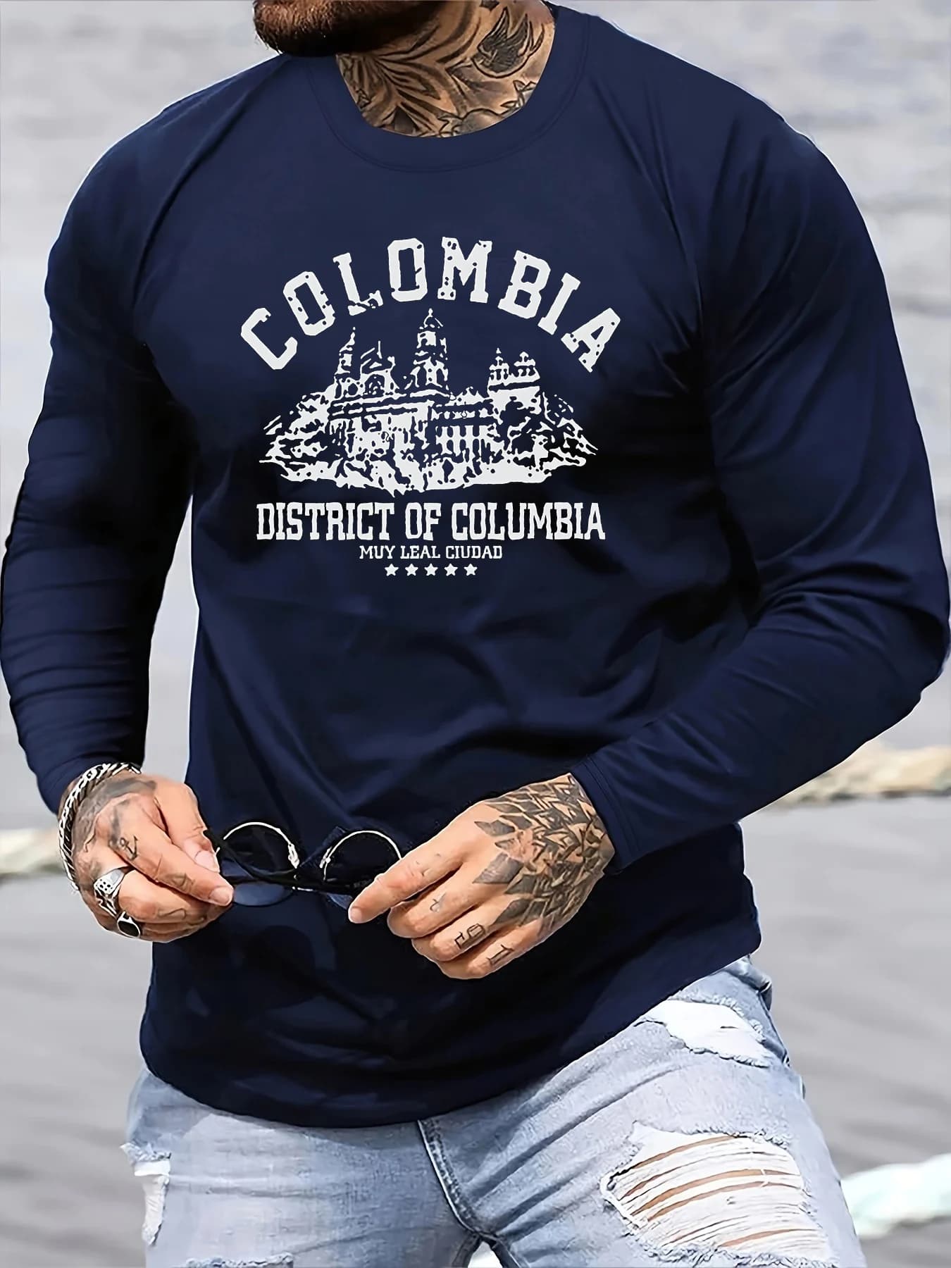 100% Cotton Men's Long Sleeved Round Neck Loose Colombian Architectural Pattern Print Autumn/Winter Casual Versatile T-Shirt Top
