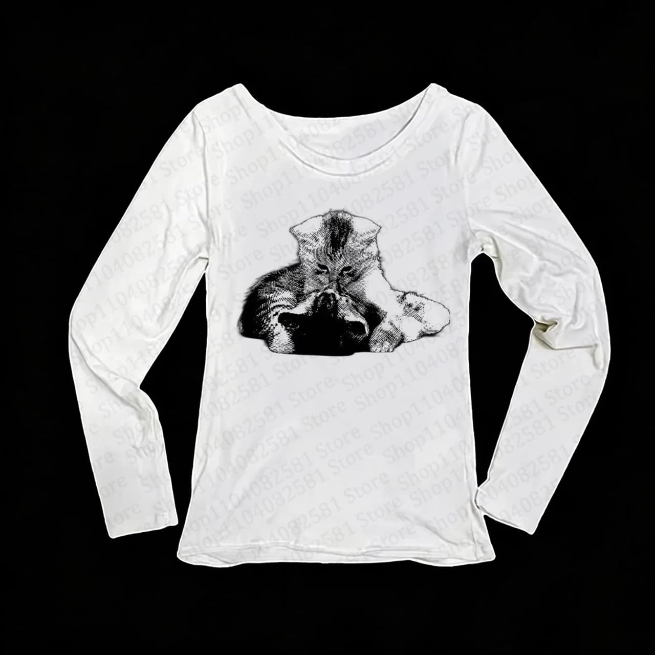 Gothic style 2000s street long sleeved aesthetic retro clothing Y2K style Kawasaki cat print baby T-shirt summer emo girl punk
