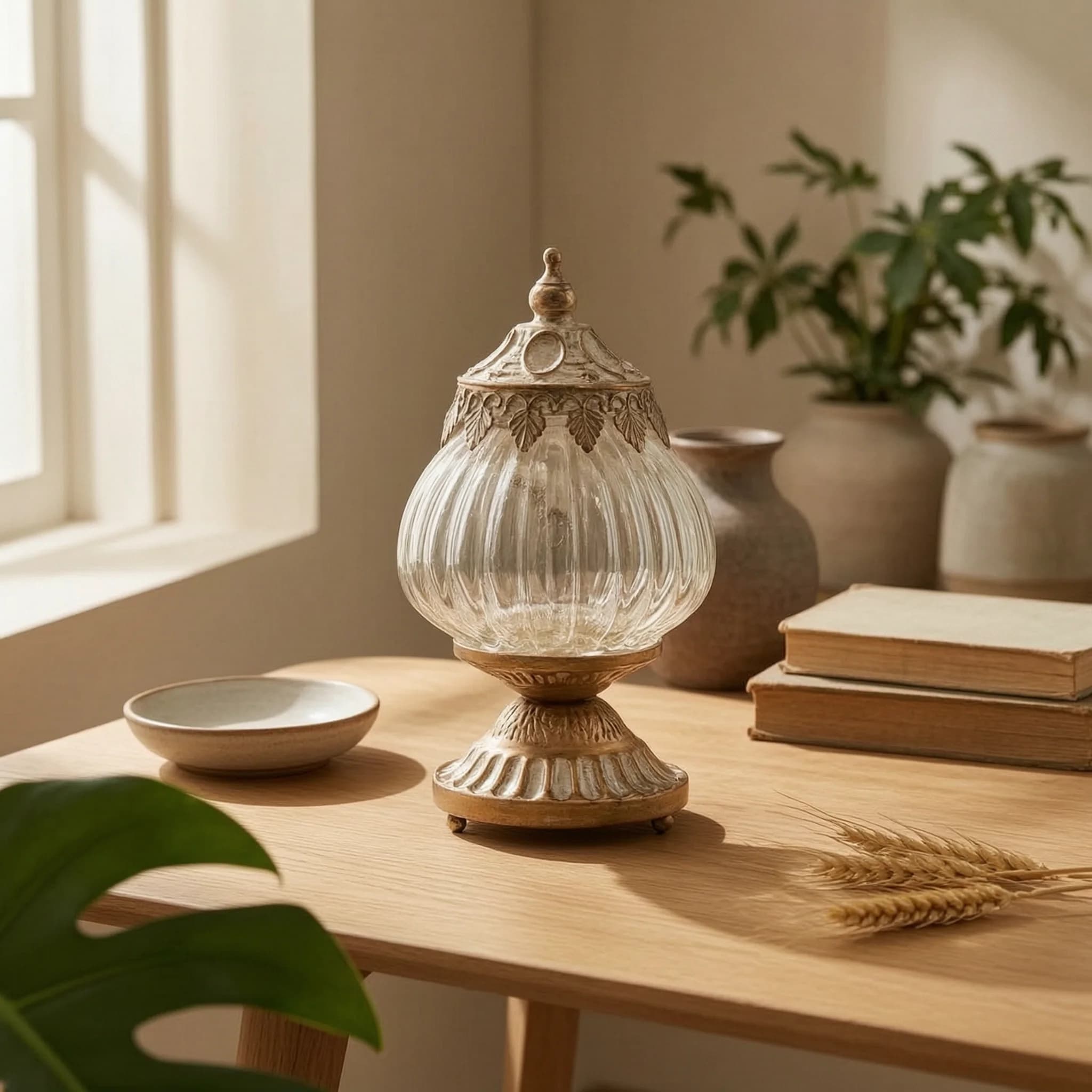 Leaf Trim Metal-Toned Indoor Outdoor Use Vintage Glass Lantern Glass Lantern Home Decor for Photography Props