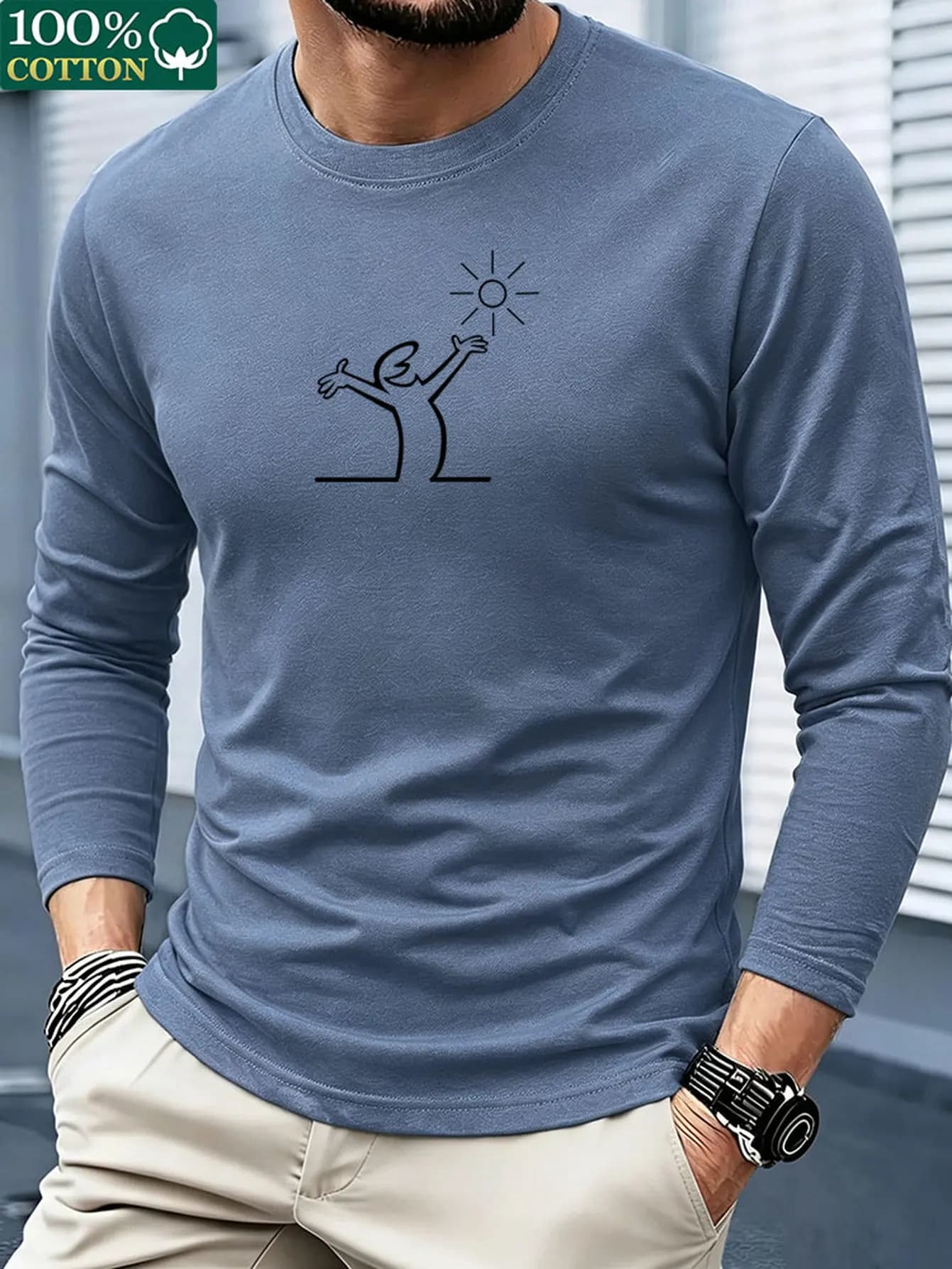 Men 100% Cotton Long Sleeve T Shirt Crew Neck Casual Comfort Versatile Basic Top Outdoor Leisure Spring Autumn Clothes