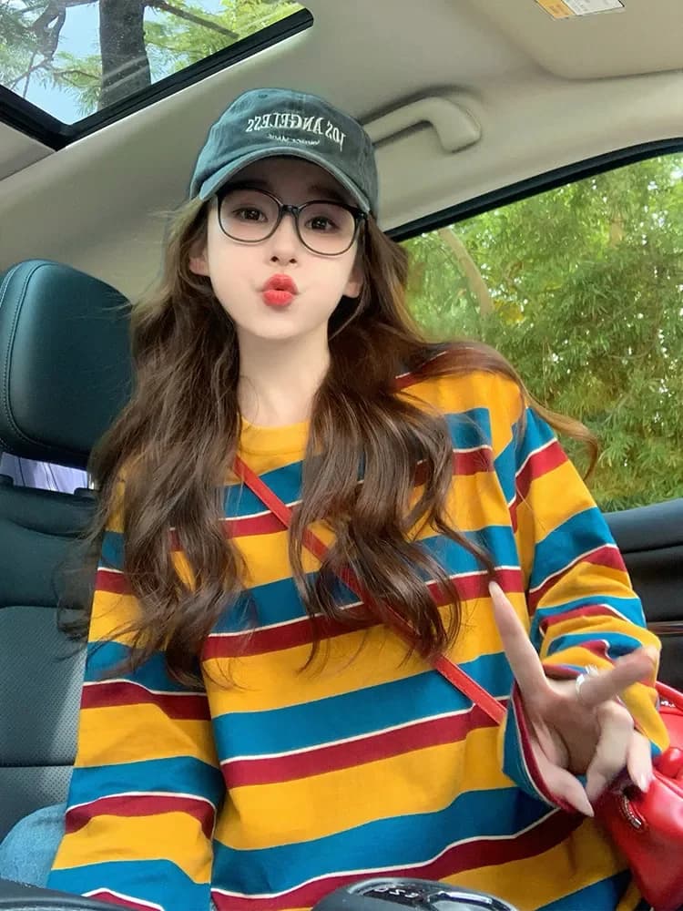 Women Color Block Striped Long Sleeve T Shirt Crew Neck Loose Casual Retro Yellow Blue Red Stripe Basic Tee Daily Streetwear