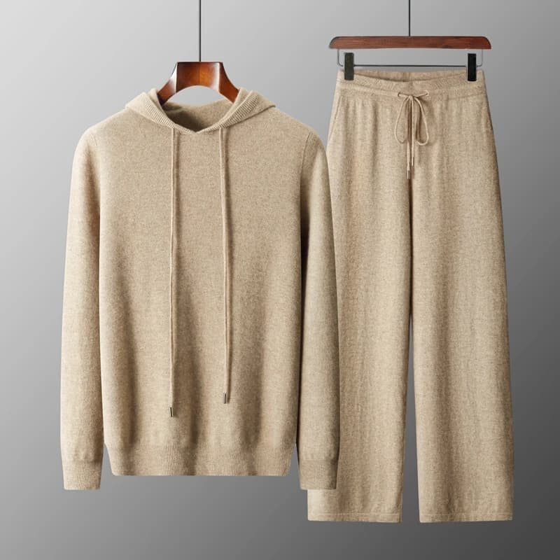100% Merino Wool Hoodie Set Spring Autumn Men's Hoodie Casual Elastic Waist Loose Wide Leg Pants Solid Color Warm Two Piece Set.