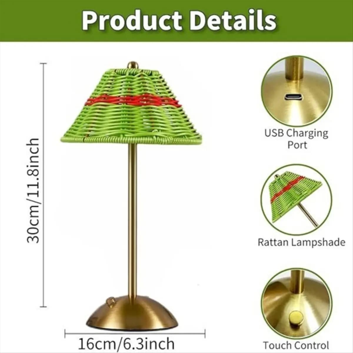 【~ New FDDT】LED Rattan Rechargeable Desk Lamp 3 Color Light Changing Southeast Asian Style Decor Lamp Green