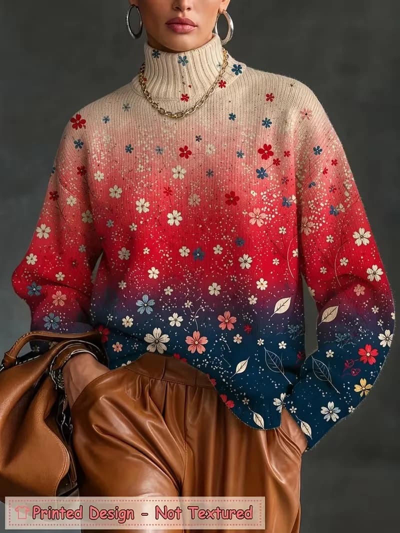 Women Turtleneck T shirt Gradient Floral Print Long Sleeve Pullover Autumn Winter Loose Casual Tops Vintage Flower Print Knitted