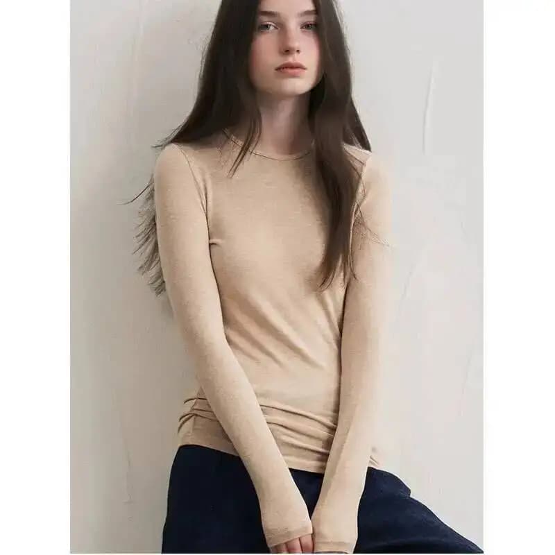 Women Cashmere Blend Long Sleeve Top Autumn Winter Soft Modal Stretch Slim Fit Round Neck Basic Layering Knit T-Shirt
