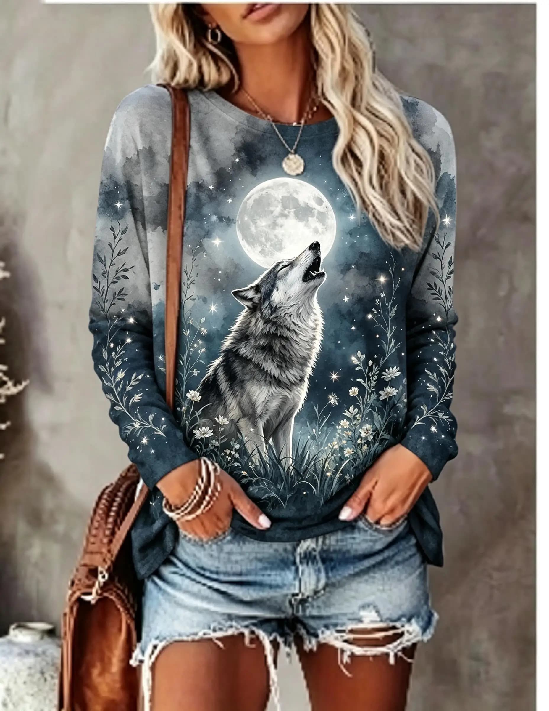 Women Long Sleeve T Shirt Howling Wolf Full Moon Wild Floral Night Print Crew Neck Casual Fall Tops