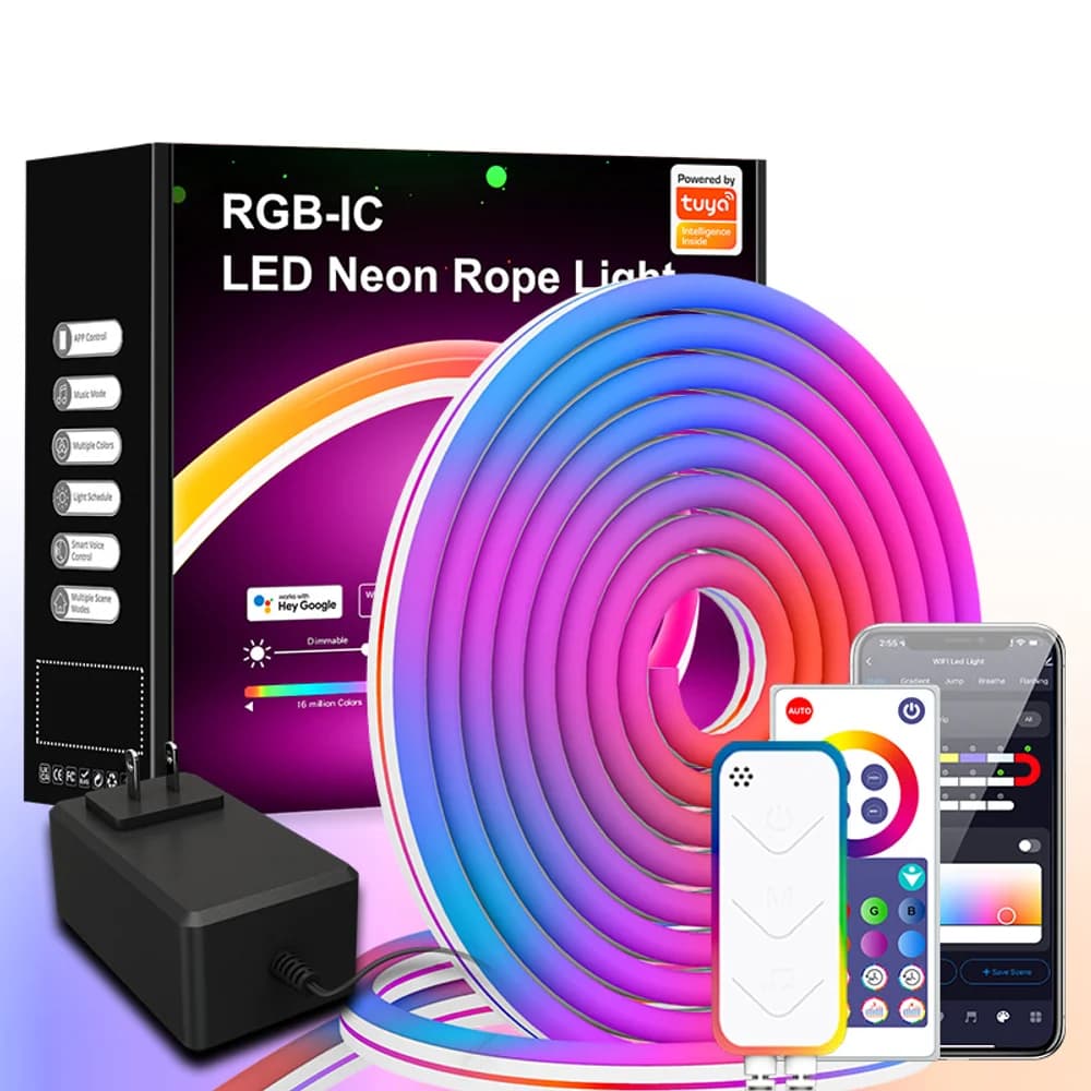 Tuya Smart Life WiFi Silicone Neon LED Strip Light, Bluetooth Music Sync, Remote Control Chasing RGB Ambient Light