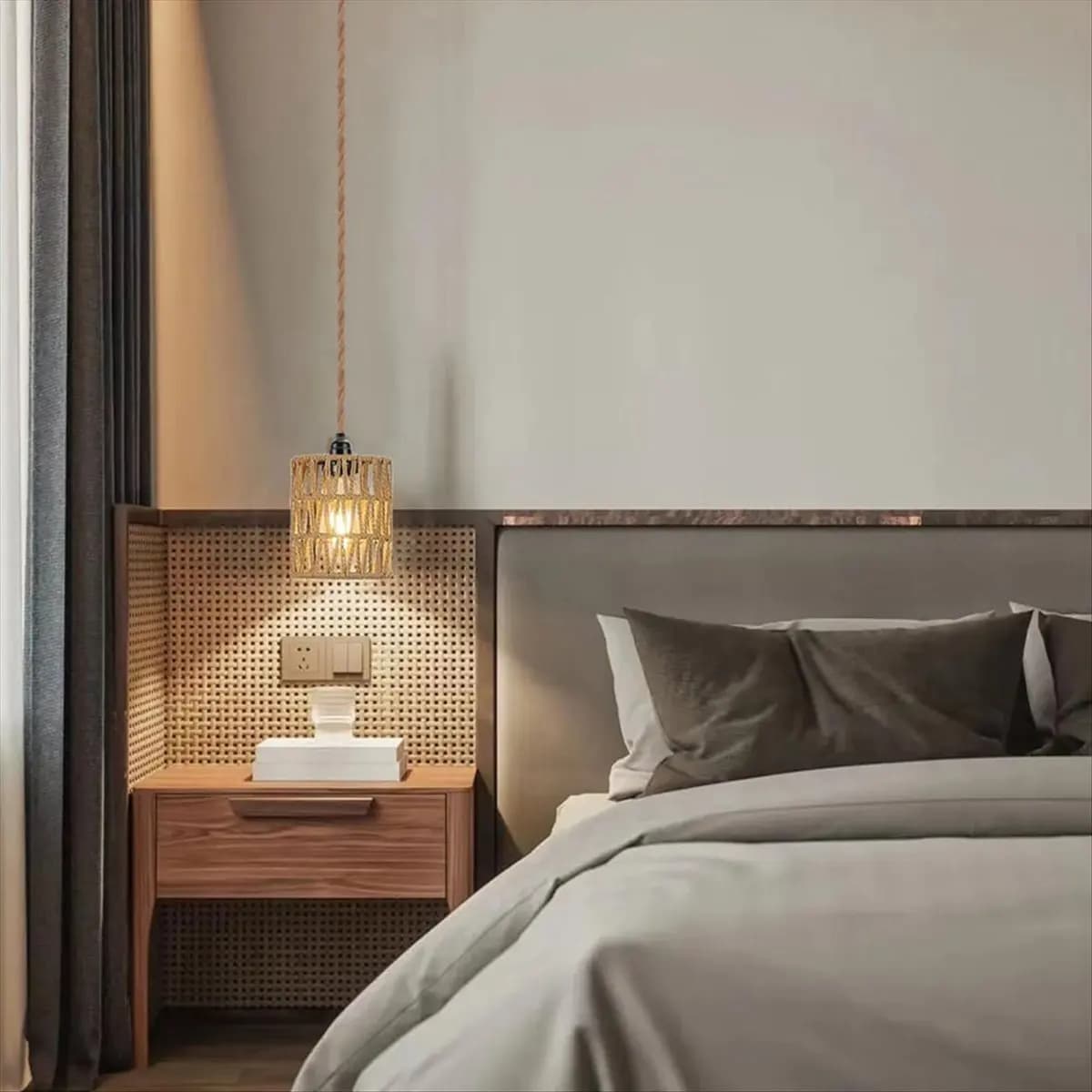【~ New FDDT】Boho Plug in Pendant Light, Hanging Light with Plug in Cord, Ceiling Lamp Rattan Cylinder Lamp Shade Switch US Plug