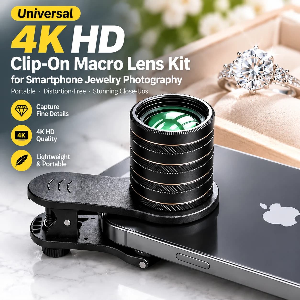 Universal 4K HD Clip-On Macro Lens Kit for Smartphone Jewelry Photography, Portable Distortion-Free Phone Photo Lens