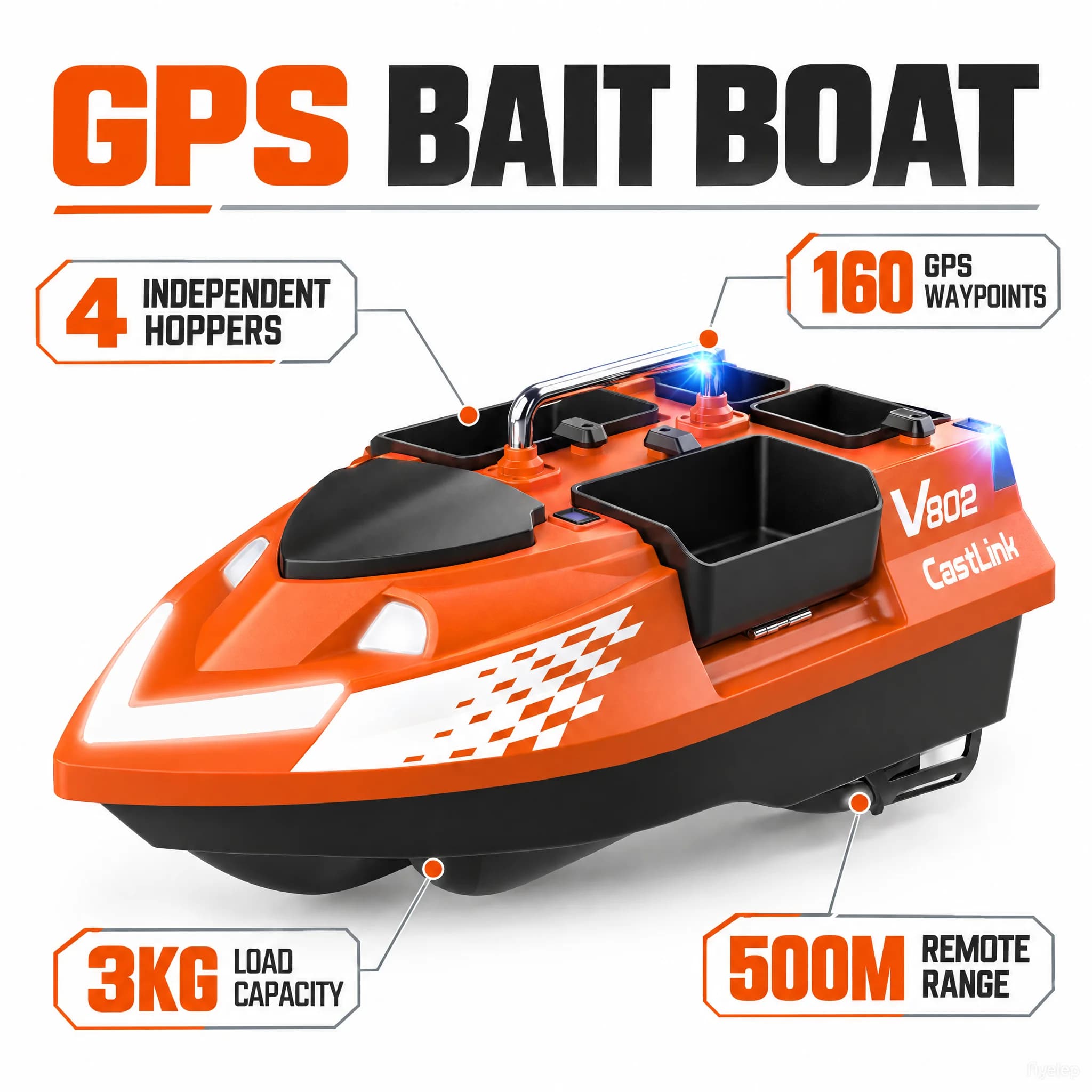 V802 RC Bait Boat 160 Fishing Points 500m Dual Antenna 4 Hopper Load 3KG Automatic Cruise Return Intelligent Night Fishing Boat