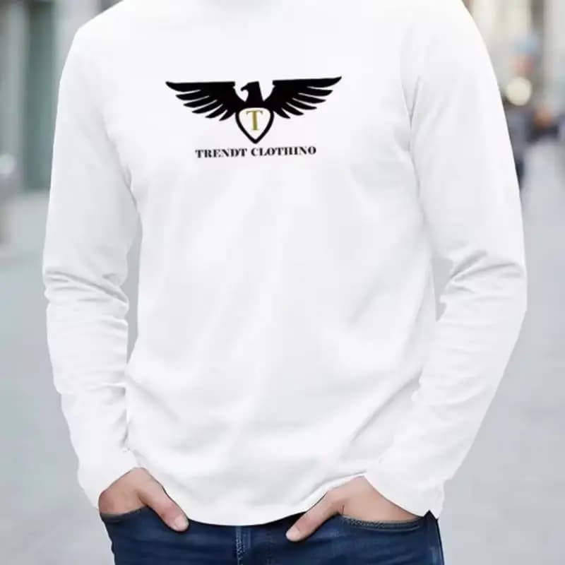 New 100% Pure Cotton Autumn Men's and Women's Long Sleeved Round Neck T-shirt, Eagle Print Symbolizes Courage and Freedom