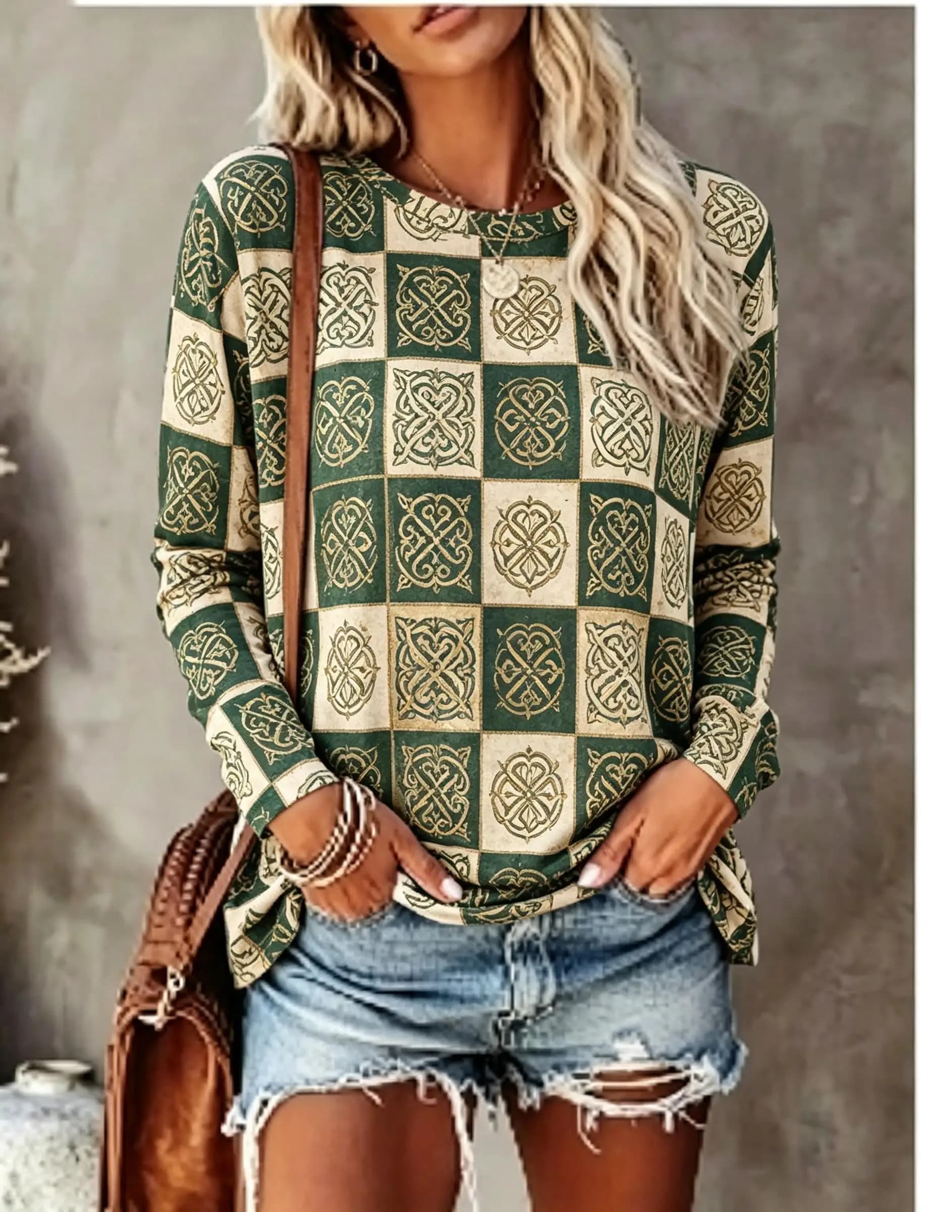Women Long Sleeve T Shirt Green Beige Checkered Celtic Knot Pattern Print Crew Neck Fall Tops