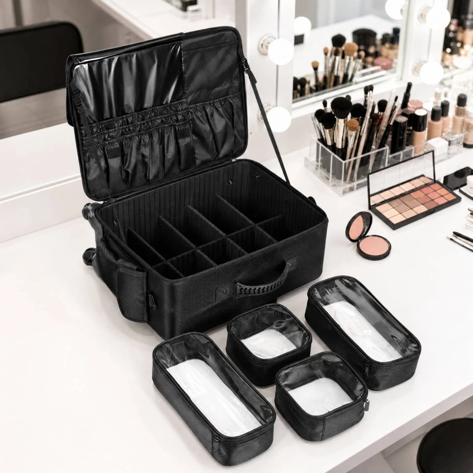 Rolling Makeup Case Large Capacity Cosmetic Organizer with Telescoping Handle Beauty Trolley with Adjustable Dividers Waterproof