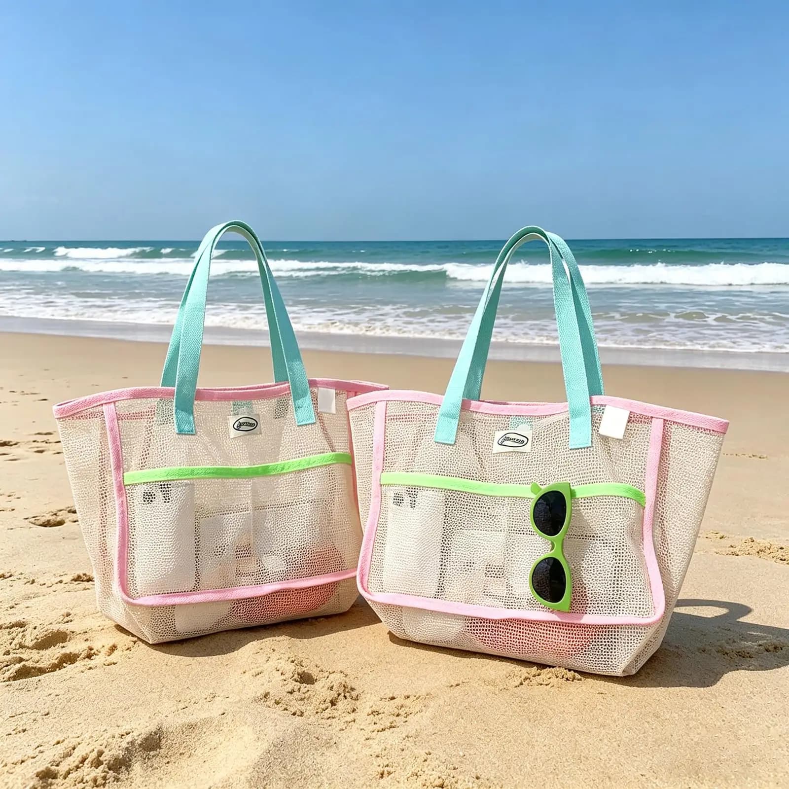 Beach Bags for Women Colorful Foldable Net Sand Tote Bag Travel Pool Storage Pocket for Beach Accessories