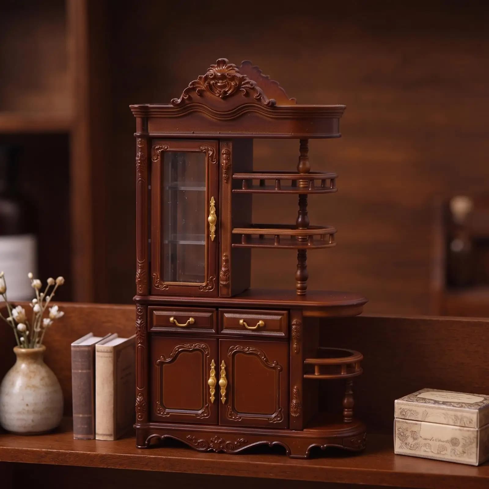 Tiny Display Cabinet Dollhouse Miniature Furniture with Opening Doors and Drawers for Collectible Toy Scenes