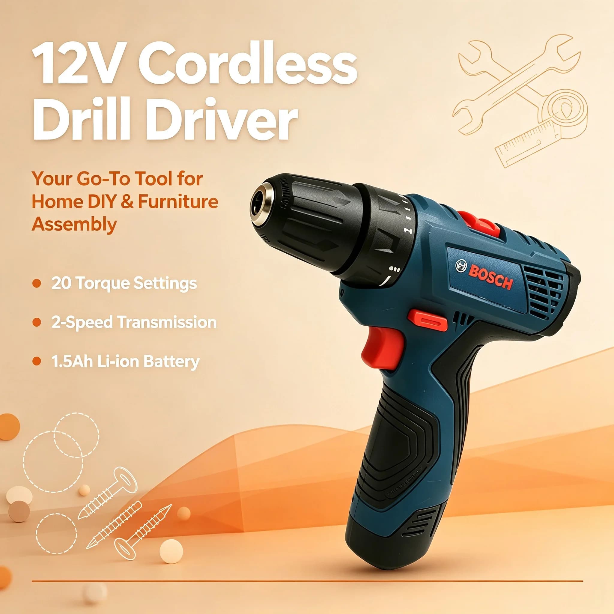 Bosch GSR120 Multi-Function Hand Drill, 12V Cordless Household Power Tool for Home DIY Tasks