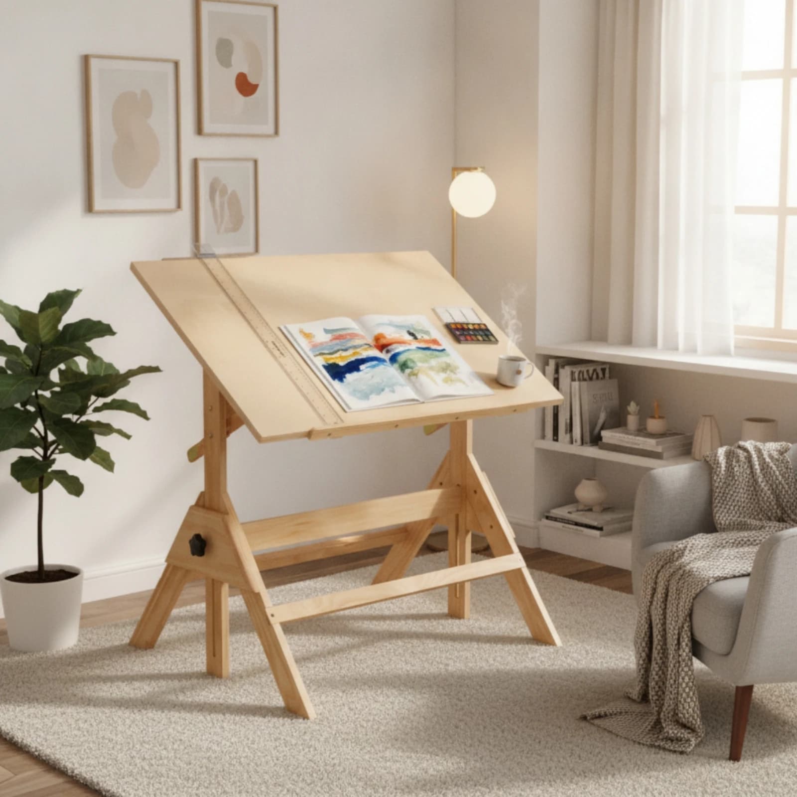 Adjustable Drafting Table L-Shaped Drafting Ruler Included Tilting Art Desk Furniture Slanted Tabletop