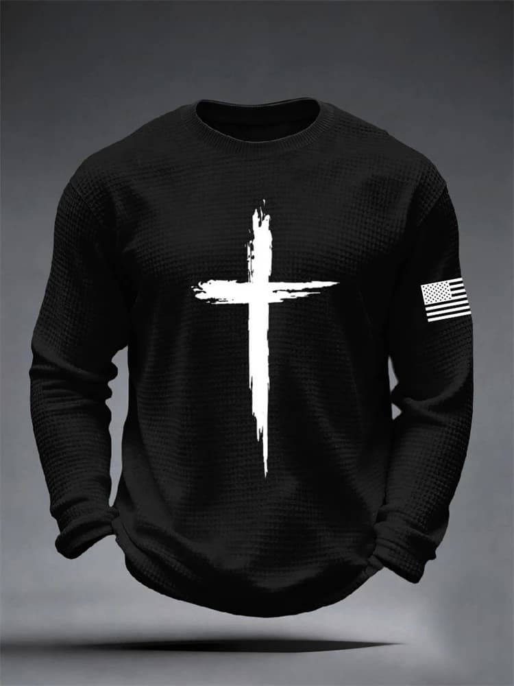 New Fall Men's Long-Sleeve Loose-Fitting Comfortable Sports And Casual Style Cross-Patterned Round-Neck Long-Sleeve T-Shirt