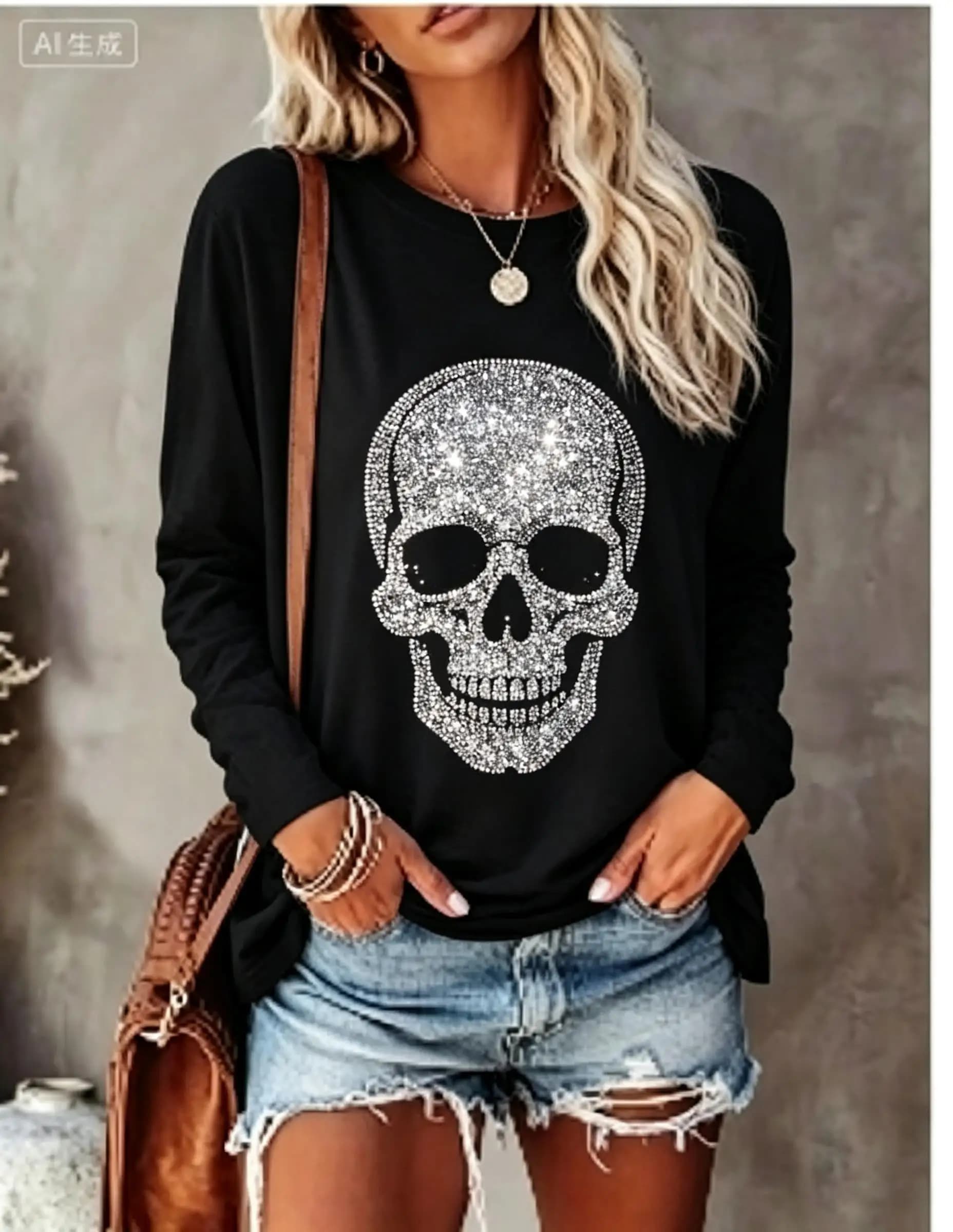 Women Long Sleeve T‑Shirt Simulated Rhinestone Skull Red Rose Gothic Print Crew Neck Fall Tops