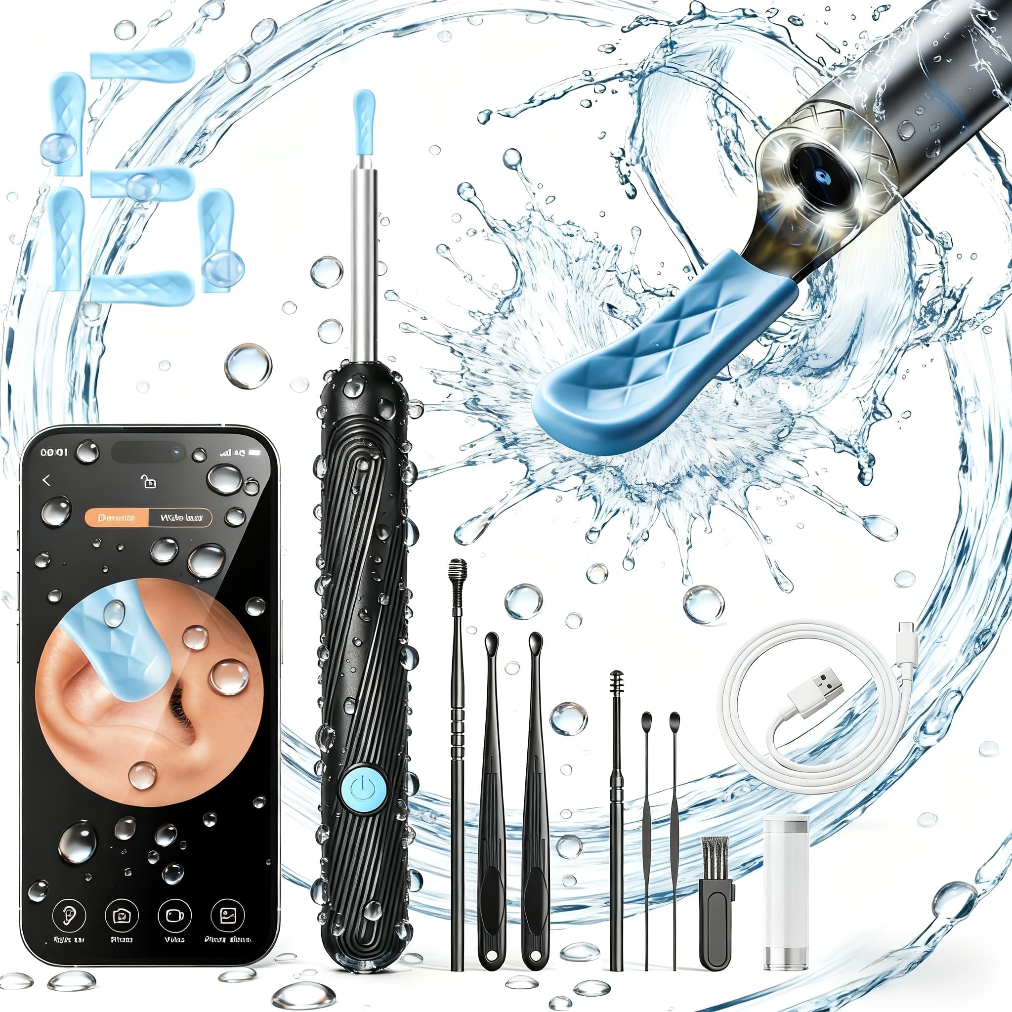 ANYDEAR 7-In-1 Earwax Removal Kit with Camera And Light, 6 Tips Suitable for IOS And Android - Home Ear Cleaning Tool, IP67 Dust And Water Resistance, APP Control
